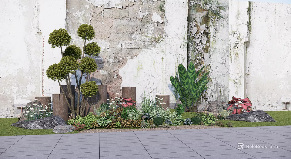 Varied Plant Combination with Spherical Trees Large Leaf Plants Flowers and Shrubs by Weathered Wall 3d model 