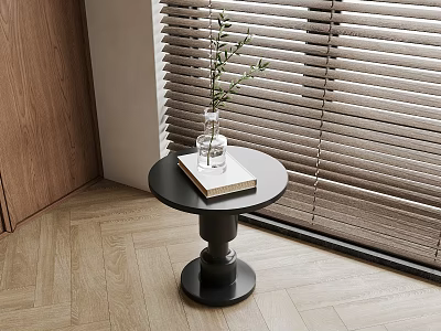 Round Black Side Table with Book and Green Plant on Wooden Floor by Window Blinds 3d model
