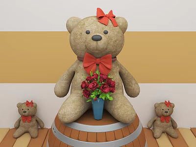 Brown Teddy Bear Doll Red Bow Holding Blue Vase Roses On Barrel With Small Bears 3d model