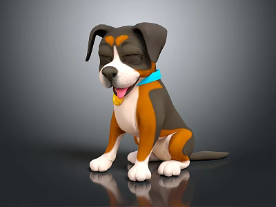 Cute Cartoon Dog Sitting With Closed Eyes Blue Collar Tongue Out And Reflective Floor 3d model