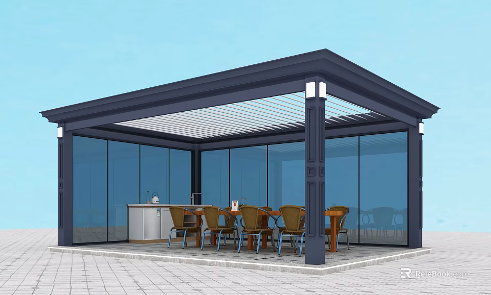 Modern Outdoor Pavilion With Dark Frame Glass Walls Dining Tables And Chairs 3d model 