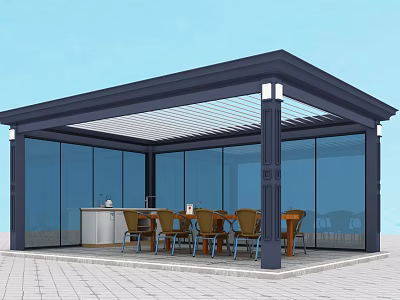 Modern Outdoor Pavilion With Dark Frame Glass Walls Dining Tables And Chairs 3d model