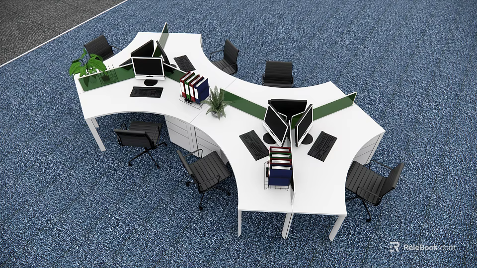 Modern Curved White Office Desk With Multiple Workstations Black Chairs Green Plants And Organizers 3d model 