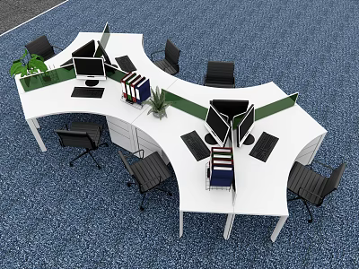 Modern Curved White Office Desk With Multiple Workstations Black Chairs Green Plants And Organizers 3d model