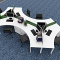 Modern Curved White Office Desk With Multiple Workstations Black Chairs Green Plants And Organizers