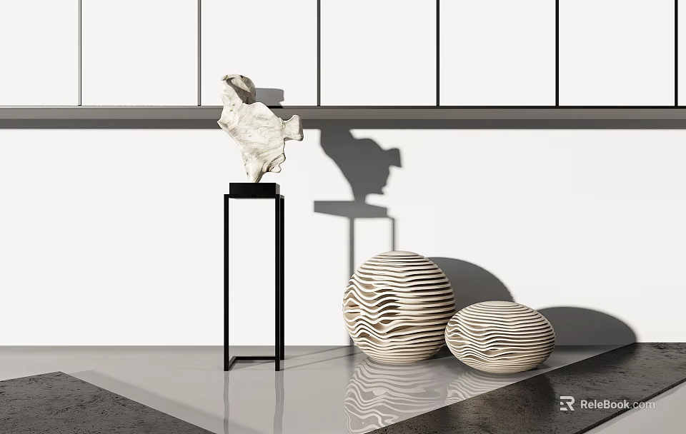 Modern Sculpture Carving With White Textured Design On Black Metal Stand And Wavy Wooden Decor 3d model 