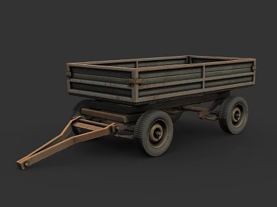 Vintage Wooden Trailer With Open Cargo Bed And Metal Wheels Structure 3d model