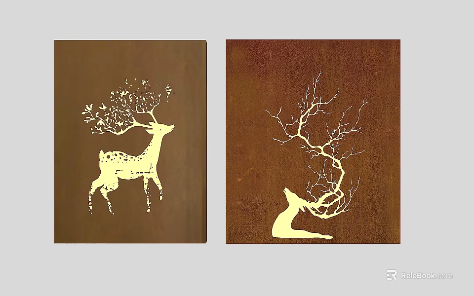Two Decorative Paintings With Deer And Tree Branches On Brown Background 3d model