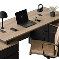 Modern Wooden Office Desk With Laptop Lamp Chair Drawers Headphones And Plant