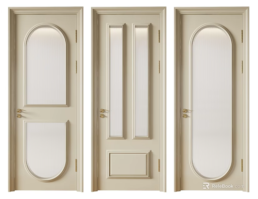 Beige Hinged Doors With Various Glass Panel Designs And Golden Handles 3d model 