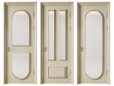 Beige Hinged Doors With Various Glass Panel Designs And Golden Handles 3d model