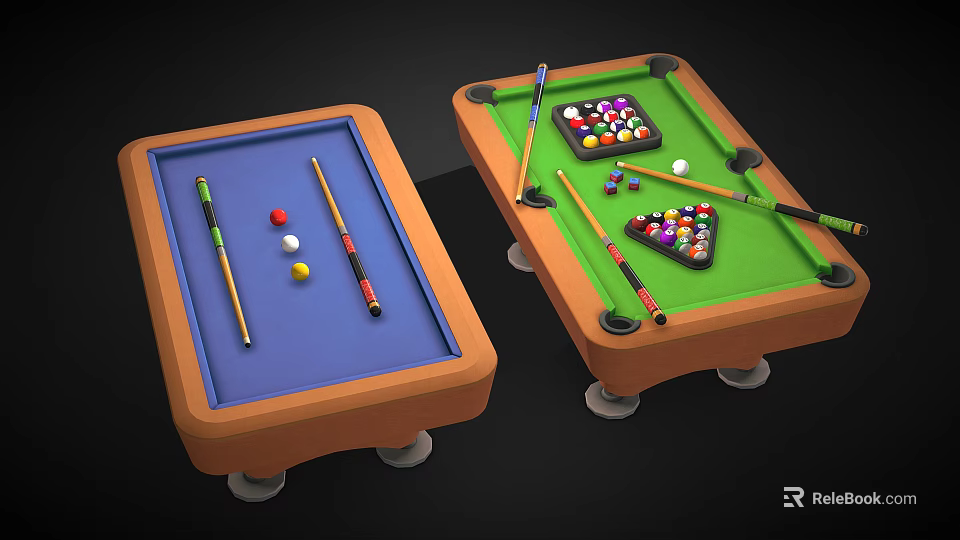 Two Colorful Billiard Tables With Pool Cues Balls On Green And Blue Felt Table Surfaces 3d model 