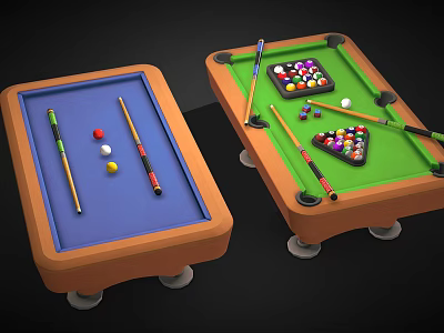 Two Colorful Billiard Tables With Pool Cues Balls On Green And Blue Felt Table Surfaces 3d model
