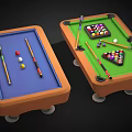 Two Colorful Billiard Tables With Pool Cues Balls On Green And Blue Felt Table Surfaces