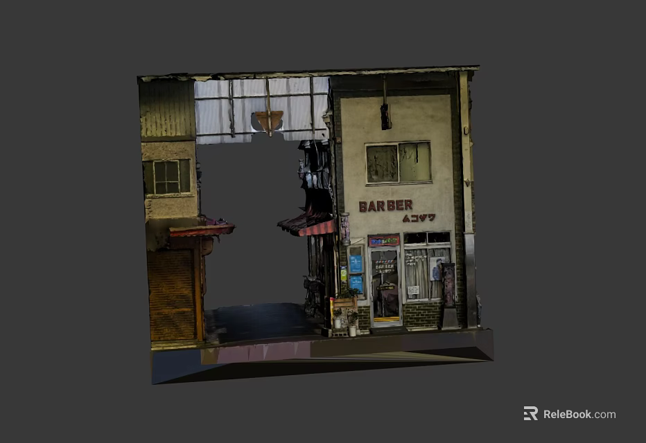 Colorful Cartoon Scene With Barber Shop Building Storefront Awning And Windows 3d model 