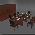 Wooden Conference Table with Black Leather Chairs and Glass Door Wooden Cabinet in Office Setting