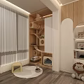 Modern Home Balcony With White Blinds Wooden Storage Cabinets Cat Tree And Green Plants