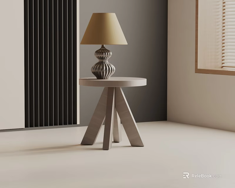 Minimalist Side Table With Round Top Triangular Legs And Decorative Lamp In Modern Room 3d model