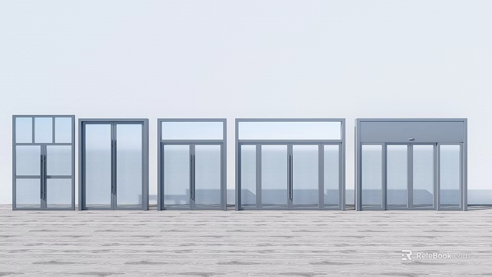 Modern Glass Entrance Doors With Sleek Metal Frames And Transparent Panels Design 3d model 