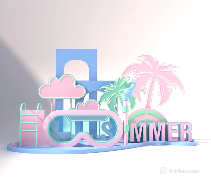 Summer Themed Photo Check In Spot With Pink Clouds Palm Trees And Swim Goggles 3d model 