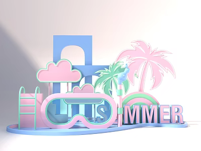Summer Themed Photo Check In Spot With Pink Clouds Palm Trees And Swim Goggles 3d model