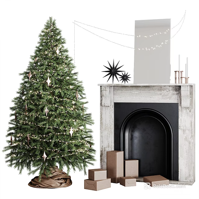 Vintage Fireplace With Christmas Tree Fairy Lights And Gift Boxes 3d model 