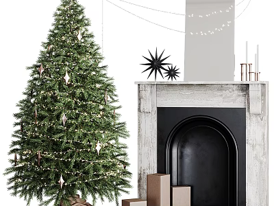 Vintage Fireplace With Christmas Tree Fairy Lights And Gift Boxes 3d model