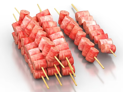 Delicious Grilled Meat Skewers With Tender Red Chunks On Wooden Sticks 3d model