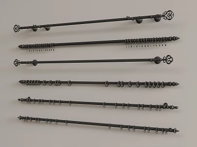 Various Decorative Curtain Rods With Ornate Finials And Multiple Hooks Design 3d model