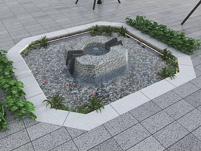 Garden Ornament With Octagonal Layout Small Fountain Pebbles And Green Plants On Gray Floor Tiles 3d model
