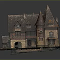 Cartoon Scene of Charming Fairy Tale House with Pointed Roofs Stone Walls and Small Yard