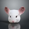 White Mouse Head with Pink Ears Black Eyes Pink Nose and Reflection on Gray Background