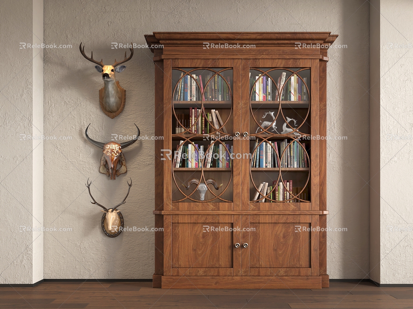 American Bookcase Antique Bookcase Decorative Cabinet American Decorative Pendant Deer Head Decorative Pendant 3d model