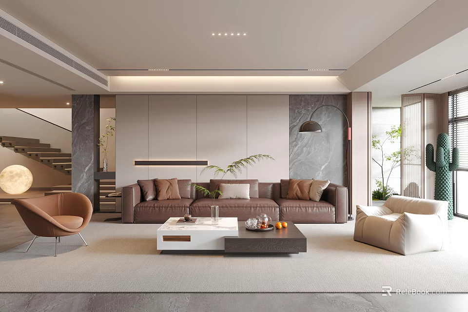 Modern Living Room Interior Design With Stylish Sofa Coffee Table And Decorative Plants 3d model 