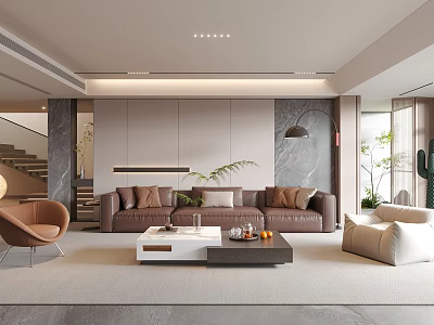Modern Living Room Interior Design With Stylish Sofa Coffee Table And Decorative Plants 3d model