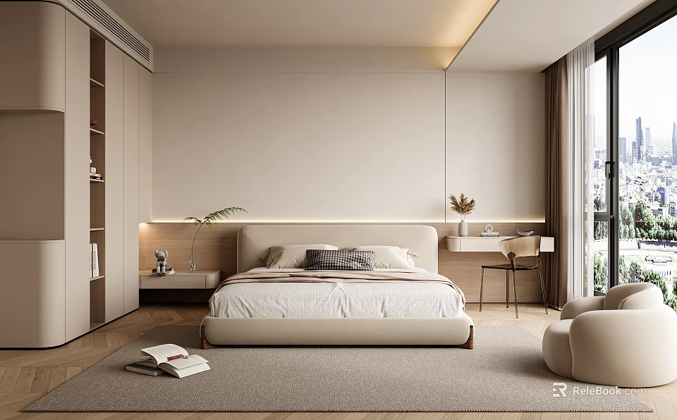 Modern Bedroom Interior With Large Bed Nightstand Writing Desk Armchair And Soft Rug 3d model 