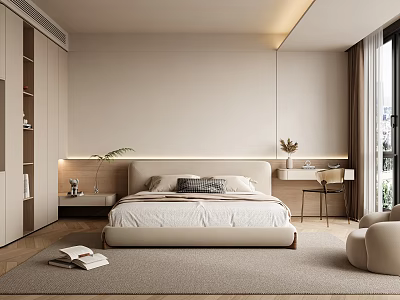 Modern Bedroom Interior With Large Bed Nightstand Writing Desk Armchair And Soft Rug 3d model