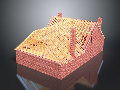 Detached House With Red Brick Construction And Wooden Roof Frame Featuring Chimneys 3d model