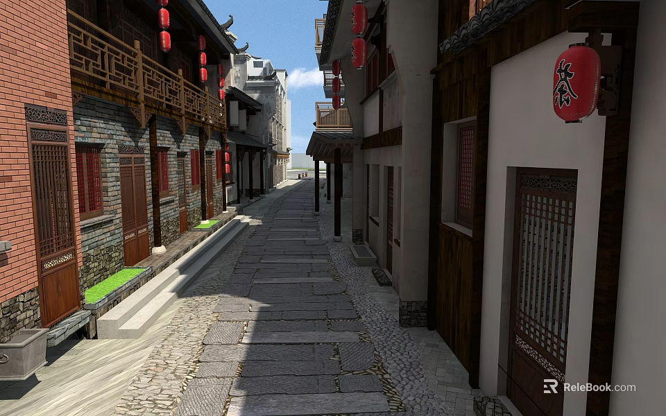 Traditional Commercial Street With Ancient Architecture Red Lanterns And Stone Paved Path 3d model 