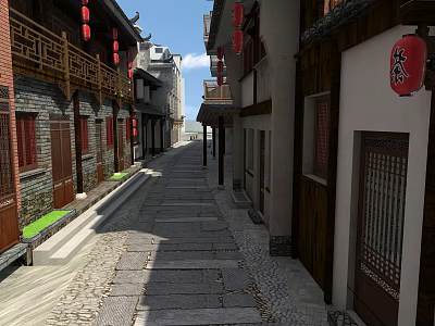 Traditional Commercial Street With Ancient Architecture Red Lanterns And Stone Paved Path 3d model