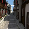 Traditional Commercial Street With Ancient Architecture Red Lanterns And Stone Paved Path