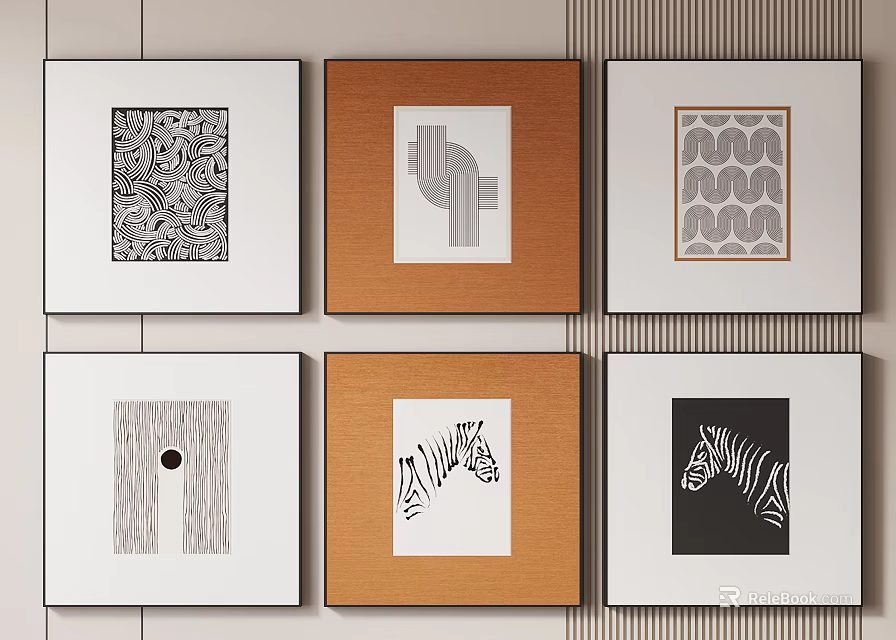 Abstract Paintings With Framed Geometric Patterns Zebra Designs And White Brown Frames 3d model