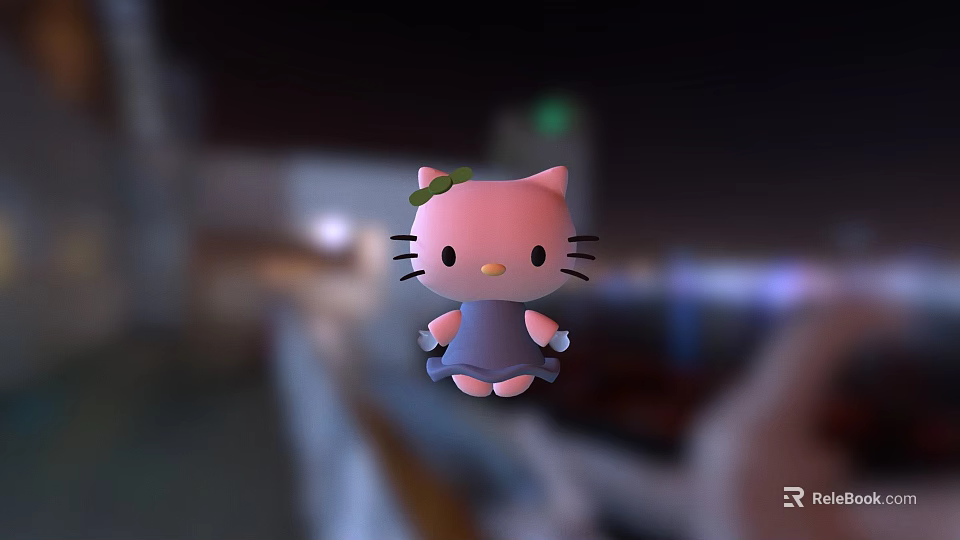 Pink Hello Kitty Toy Figure With Green Bow And Blue Dress Design 3d model 