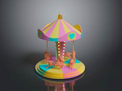 Colorful Carousel with Striped Canopy and Heart Shaped Decorations and Small Ponies on Round Base 3d model