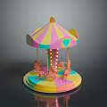 Colorful Carousel with Striped Canopy and Heart Shaped Decorations and Small Ponies on Round Base
