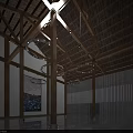 Traditional Style Interior Space With Wooden Roof Structure Pillars Circular Pendant Lights Art Painting And Vertical Slat Partitions