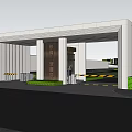 Modern White Entrance Gate With Columns Greenery And Access Control Barriers 3d model