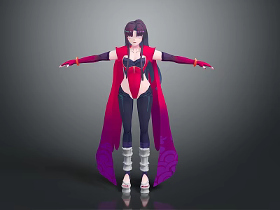 3D Fantasy Female Character Purple Hair Red Cape Black Outfit Creature Design 3d model