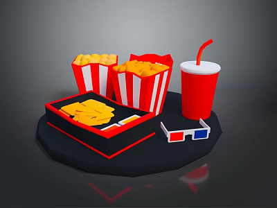 Delicious Movie Snack Set With Popcorn Fries Red Drink And 3D Glasses 3d model