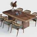 Natural Wooden Dining Table Set With Rattan Chairs And Pampas Grass Vase